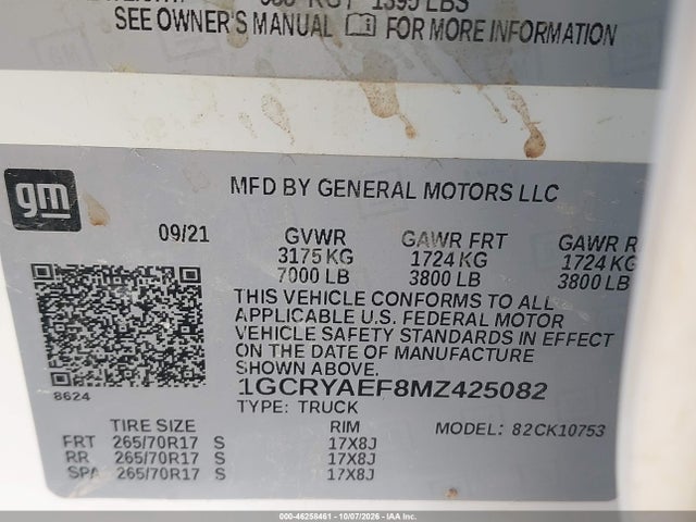 46258461 :رقم المزاد ، 1GCRYAEF8MZ425082 vin ، 2021 Chevrolet Silverado 1500 4wd  Standard Bed Wt مزاد بيع