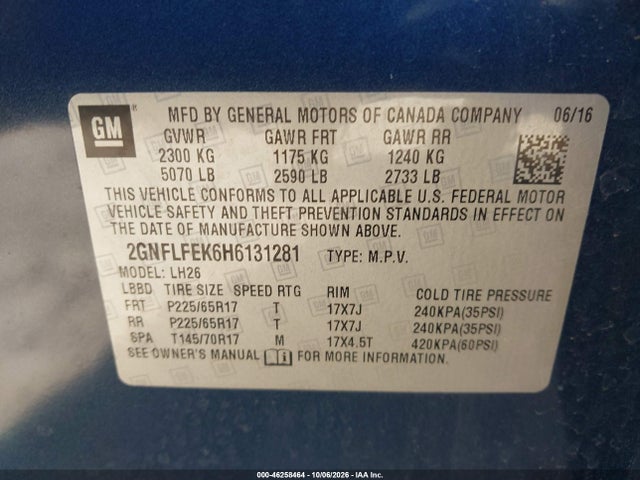 Продажа на аукционе авто 2017 Chevrolet Equinox Lt, vin: 2GNFLFEK6H6131281, номер лота: 46258464