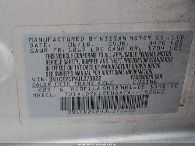 Продажа на аукционе авто 2018 Nissan Versa Note Sv, vin: 3N1CE2CP4JL370622, номер лота: 46258476