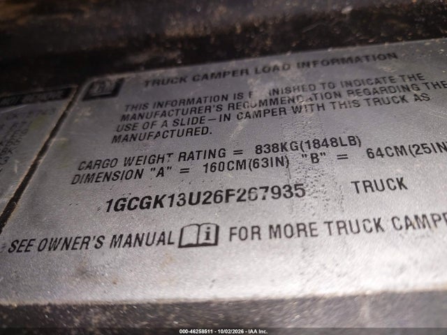 46258511 :رقم المزاد ، 1GCGK13U26F267935 vin ، 2006 Chevrolet Silverado 1500hd Lt1 مزاد بيع