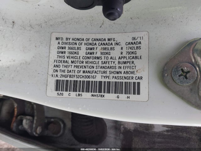 2012 Honda Civic Lx მანქანა იყიდება აუქციონზე, vin: 2HGFB2F52CH306167, აუქციონის ნომერი: 46258536
