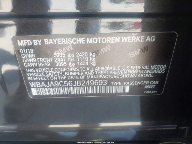 Aukcja sprzedaży 2018 Bmw 530e Iperformance, vin: WBAJA9C56JB249693, numer aukcji: 46258546