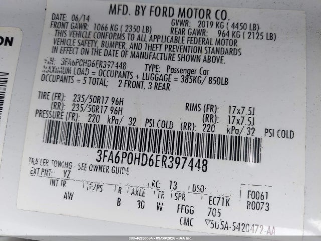 Продаж на аукціоні авто 2014 Ford Fusion Se, vin: 3FA6P0HD6ER397448, номер лоту: 46258564