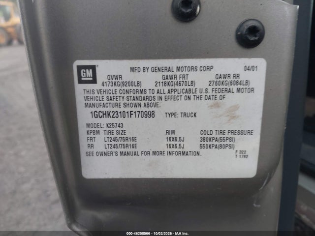 46258566 :رقم المزاد ، 1GCHK23101F170998 vin ، 2001 Chevrolet Silverado 2500hd Ls مزاد بيع