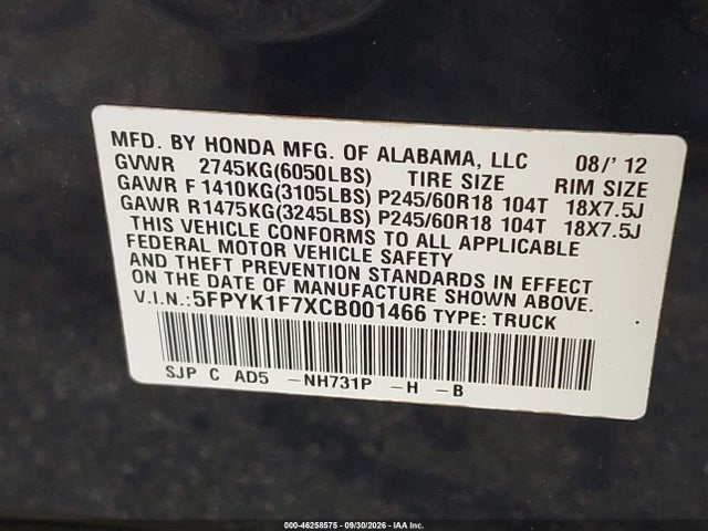 2012 Honda Ridgeline Sport მანქანა იყიდება აუქციონზე, vin: 5FPYK1F7XCB001466, აუქციონის ნომერი: 46258575