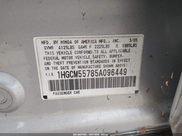 2005 Honda Accord 2.4 Ex მანქანა იყიდება აუქციონზე, vin: 1HGCM55785A096449, აუქციონის ნომერი: 46258582