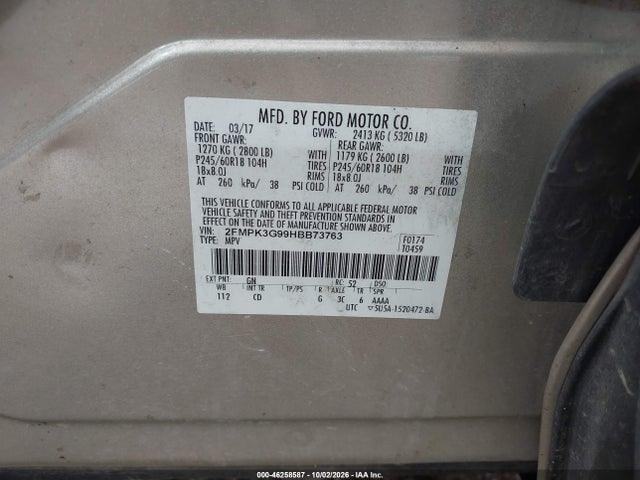 46258587 :رقم المزاد ، 2FMPK3G99HBB73763 vin ، 2017 Ford Edge Se مزاد بيع