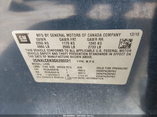 Aukcja sprzedaży 2016 Chevrolet Equinox Lt, vin: 2GNALCEK0G6209321, numer aukcji: 46258594
