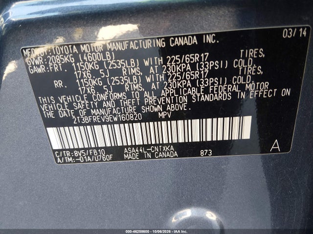 46258600 :رقم المزاد ، 2T3BFREV9EW160820 vin ، 2014 Toyota Rav4 Le مزاد بيع