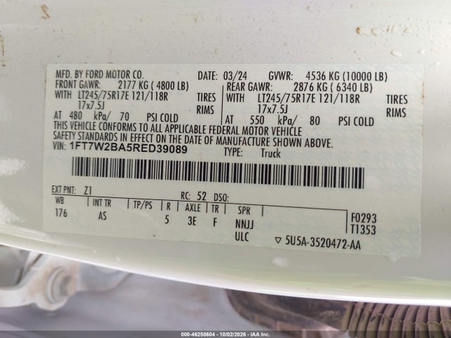 2024 Ford F-250 Xl მანქანა იყიდება აუქციონზე, vin: 1FT7W2BA5RED39089, აუქციონის ნომერი: 46258604