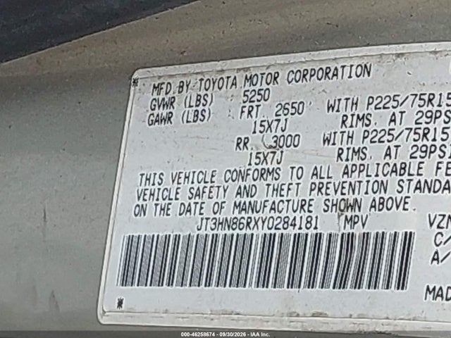 Продажа на аукционе авто 2000 Toyota 4runner Sr5 V6, vin: JT3HN86RXY0284181, номер лота: 46258674