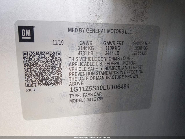 Auction sale of the 2020 Chevrolet Impala Fwd Lt, vin: 1G11Z5S30LU106484, lot number: 46258681