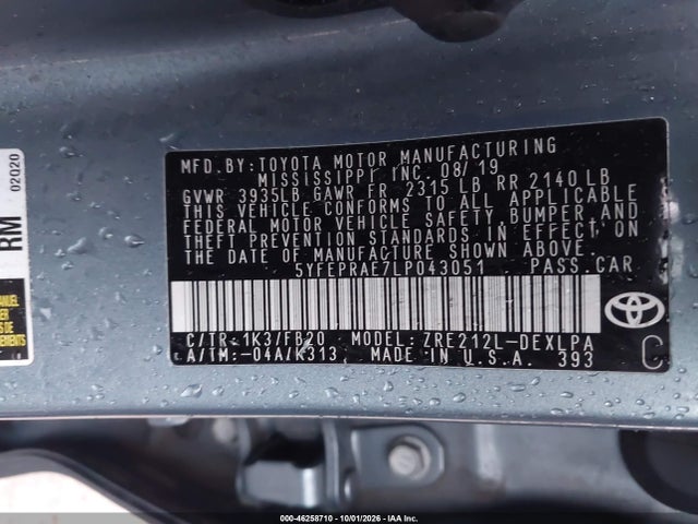 Продаж на аукціоні авто 2020 Toyota Corolla Le, vin: 5YFEPRAE7LP043051, номер лоту: 46258710