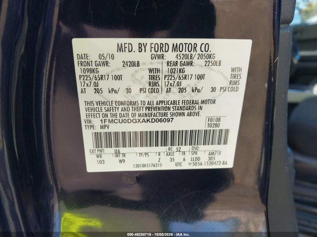 2010 Ford Escape Xlt მანქანა იყიდება აუქციონზე, vin: 1FMCU0DGXAKD06097, აუქციონის ნომერი: 46258719