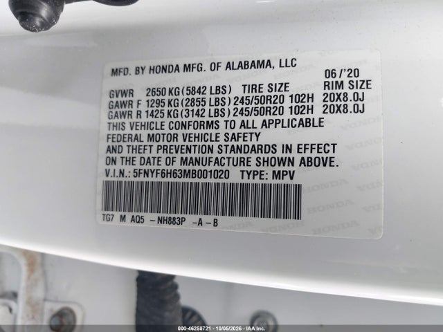 46258721 :رقم المزاد ، 5FNYF6H63MB001020 vin ، 2021 Honda Pilot Awd Touring 7 Passenger مزاد بيع
