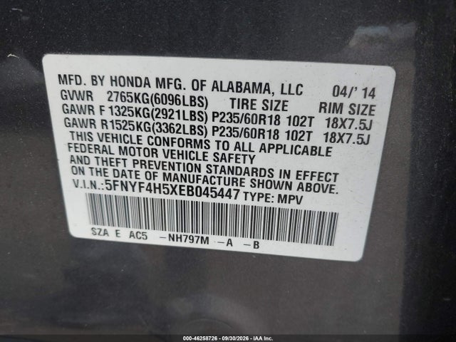 46258726 :رقم المزاد ، 5FNYF4H5XEB045447 vin ، 2014 Honda Pilot Ex-l مزاد بيع