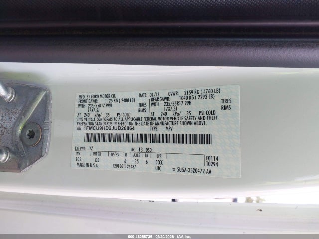 Продаж на аукціоні авто 2018 Ford Escape Sel, vin: 1FMCU9HD2JUB26864, номер лоту: 46258735