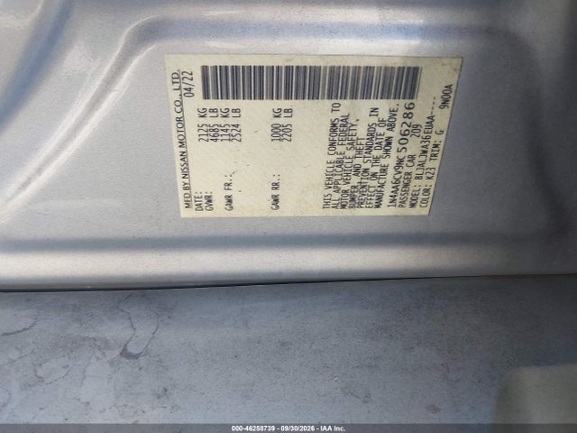 Auction sale of the 2022 Nissan Maxima Sv Xtronic Cvt, vin: 1N4AA6CV9NC506286, lot number: 46258739
