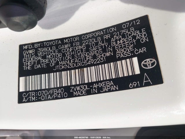 Aukcja sprzedaży 2012 Toyota Prius Three, vin: JTDKN3DUXC5492231, numer aukcji: 46258760