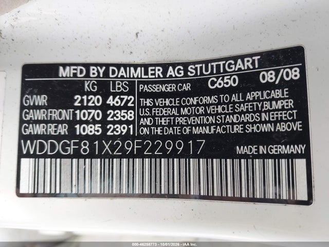 46258773 :رقم المزاد ، WDDGF81X29F229917 vin ، 2009 Mercedes-benz C 300 Luxury 4matic/sport 4matic مزاد بيع