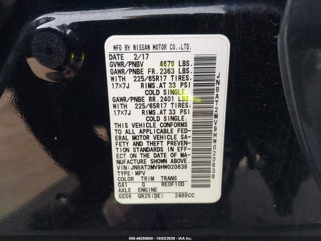 Продаж на аукціоні авто 2017 Nissan Rogue Sv, vin: JN8AT2MV9HW020838, номер лоту: 46258800