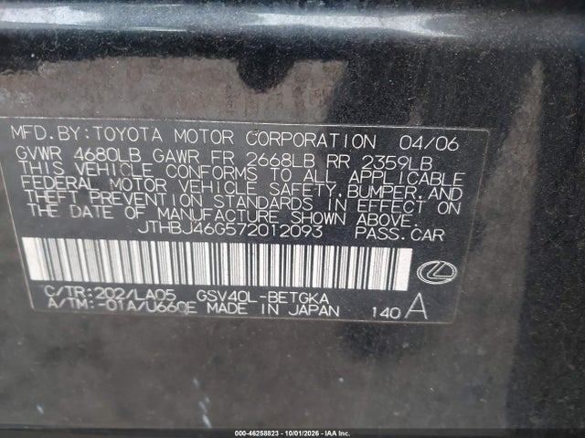 2007 Lexus Es 350 მანქანა იყიდება აუქციონზე, vin: JTHBJ46G572012093, აუქციონის ნომერი: 46258823