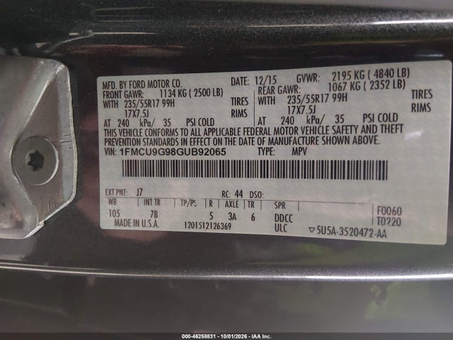 Продаж на аукціоні авто 2016 Ford Escape Se, vin: 1FMCU9G98GUB92065, номер лоту: 46258831