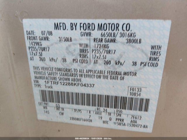 46258834 :رقم المزاد ، 1FTRF12288KF04337 vin ، 2008 Ford F-150 Stx/xl/xlt مزاد بيع