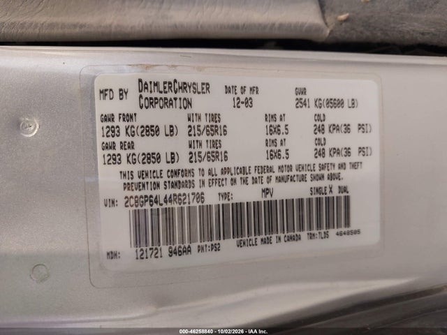46258840 :رقم المزاد ، 2C8GP64L44R621706 vin ، 2004 Chrysler Town & Country Limited مزاد بيع