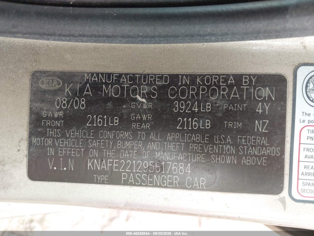 Aukcja sprzedaży 2009 Kia Spectra Ex, vin: KNAFE221295617684, numer aukcji: 46258844