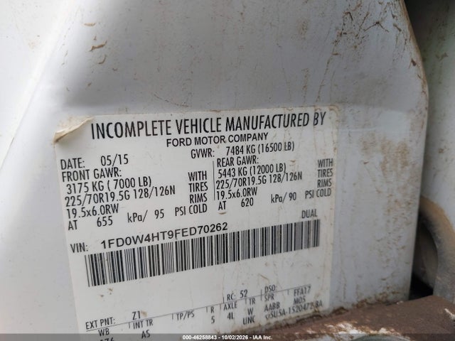 46258843 :رقم المزاد ، 1FD0W4HT9FED70262 vin ، 2015 Ford F-450 Chassis Xl مزاد بيع