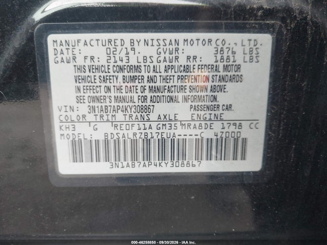Aukcja sprzedaży 2019 Nissan Sentra Sr, vin: 3N1AB7AP4KY308867, numer aukcji: 46258850