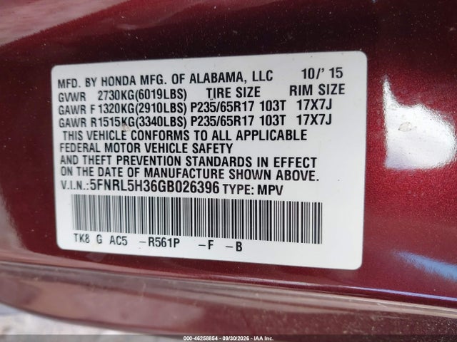 Aukcja sprzedaży 2016 Honda Odyssey Se, vin: 5FNRL5H36GB026396, numer aukcji: 46258854