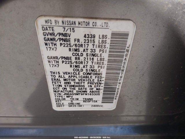 2015 Nissan Rogue Select S მანქანა იყიდება აუქციონზე, vin: JN8AS5MT9FW163305, აუქციონის ნომერი: 46258860