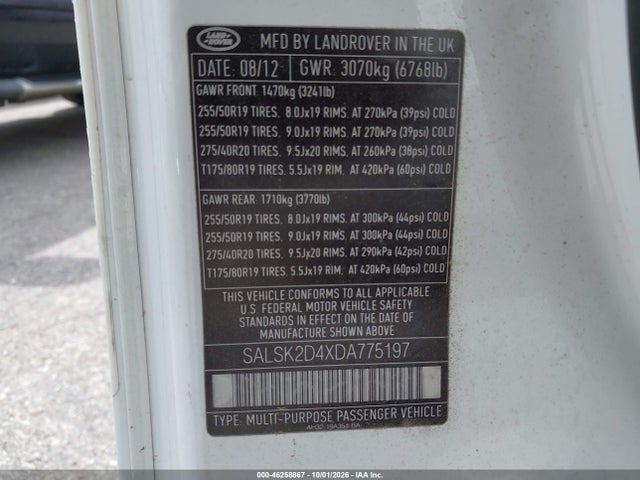 46258867 :رقم المزاد ، SALSK2D4XDA775197 vin ، 2013 Land Rover Range Rover Sport Hse مزاد بيع