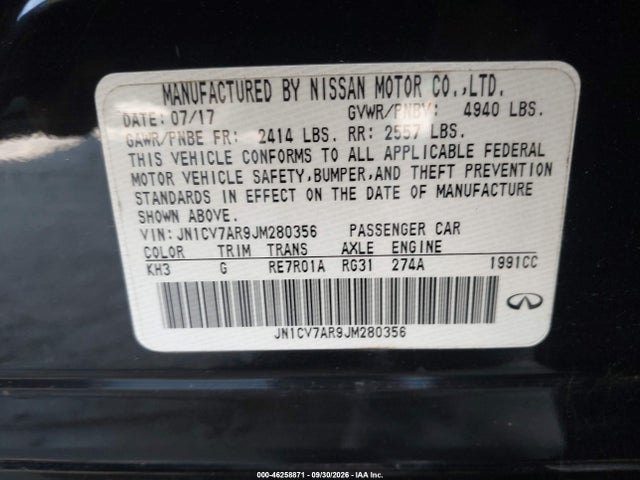 2018 Infiniti Q50 2.0t Pure მანქანა იყიდება აუქციონზე, vin: JN1CV7AR9JM280356, აუქციონის ნომერი: 46258871