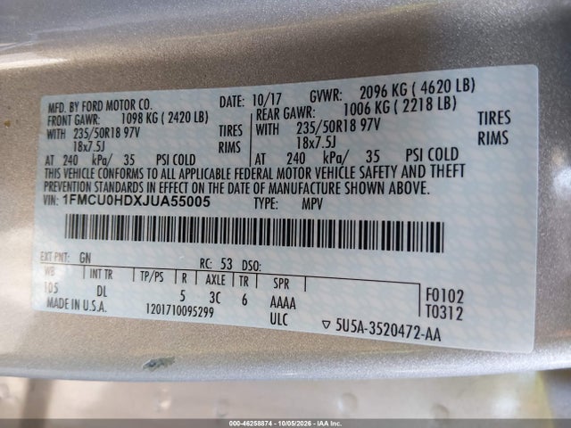 Aukcja sprzedaży 2018 Ford Escape Sel, vin: 1FMCU0HDXJUA55005, numer aukcji: 46258874