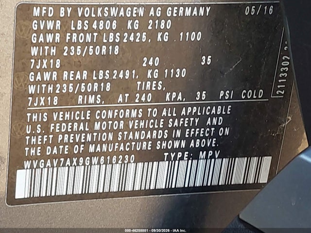 Продажа на аукционе авто 2016 Volkswagen Tiguan Se, vin: WVGAV7AX9GW616230, номер лота: 46258881