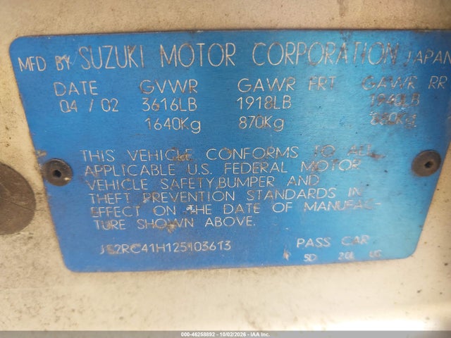 Продажа на аукционе авто 2002 Suzuki Aerio Sx, vin: JS2RC41H125103613, номер лота: 46258892
