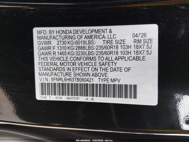 Aukcja sprzedaży 2026 Honda Odyssey Ex-l, vin: 5FNRL6H63TB060421, numer aukcji: 46258926