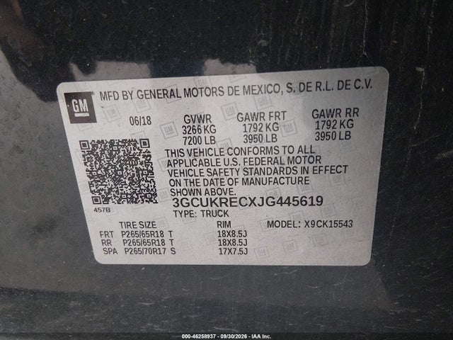 Продажа на аукционе авто 2018 Chevrolet Silverado 1500 1lt, vin: 3GCUKRECXJG445619, номер лота: 46258937
