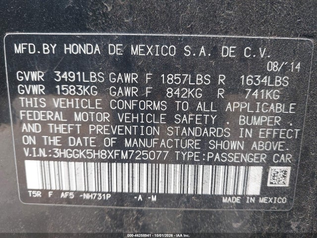 2015 Honda Fit Ex/ex-l მანქანა იყიდება აუქციონზე, vin: 3HGGK5H8XFM725077, აუქციონის ნომერი: 46258941