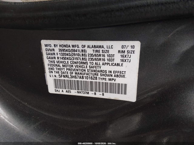 Продаж на аукціоні авто 2010 Honda Odyssey Ex-l, vin: 5FNRL3H67AB101628, номер лоту: 46258980
