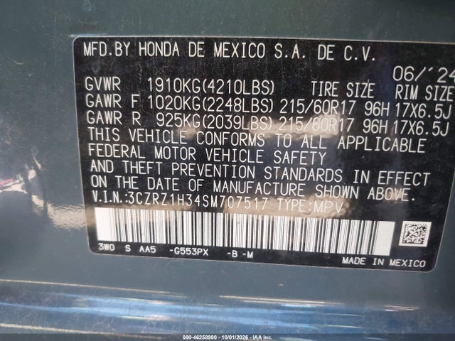 2025 Honda Hr-v 2wd Lx მანქანა იყიდება აუქციონზე, vin: 3CZRZ1H34SM707517, აუქციონის ნომერი: 46258990