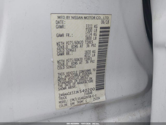 Aukcja sprzedaży 2018 Nissan Titan Sv, vin: 1N6AA1E53JN540200, numer aukcji: 46258994