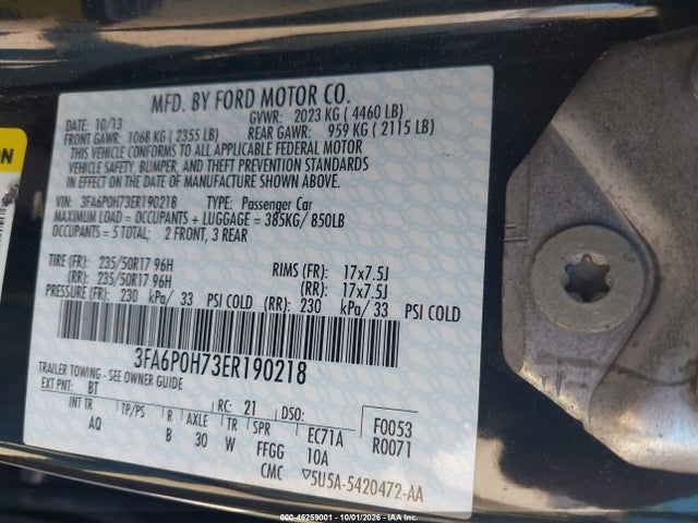 Aukcja sprzedaży 2014 Ford Fusion Se, vin: 3FA6P0H73ER190218, numer aukcji: 46259001