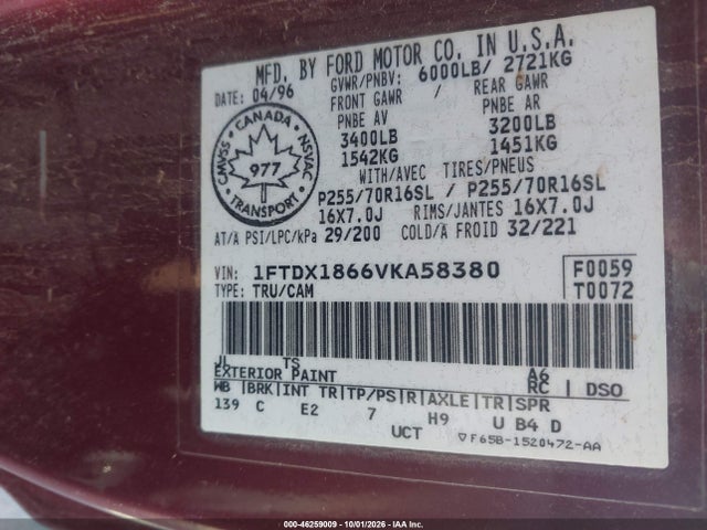 1997 Ford F-150 Lariat/xl/xlt მანქანა იყიდება აუქციონზე, vin: 1FTDX1866VKA58380, აუქციონის ნომერი: 46259009