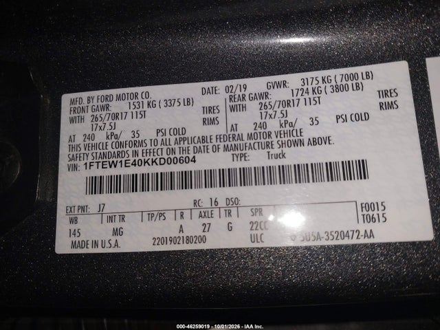 46259019 :رقم المزاد ، 1FTEW1E40KKD00604 vin ، 2019 Ford F-150 Xlt مزاد بيع