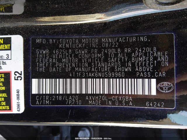 4T1F31AK6NU599960 Toyota Camry Xle Hybrid