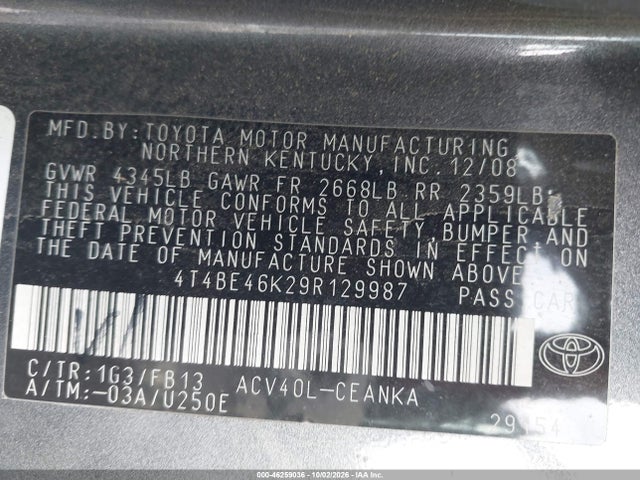 Продаж на аукціоні авто 2009 Toyota Camry Se/le/xle, vin: 4T4BE46K29R129987, номер лоту: 46259036